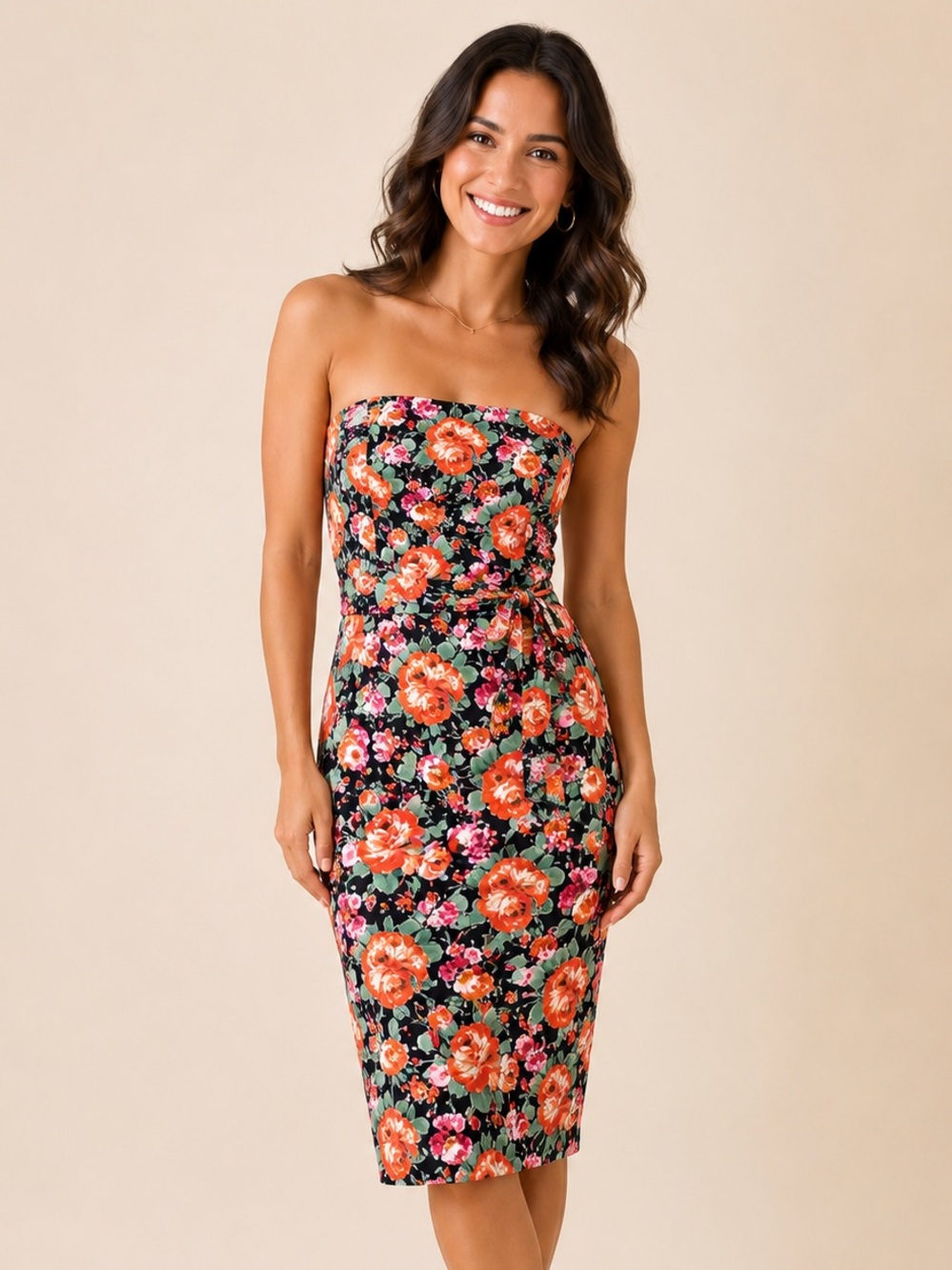 Streetwear Society Strapless Floral Midi Dress in Navy, Orange, Pink, Green